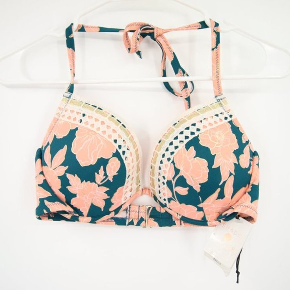 NWT Shade & Shore Bikini Top Peach Green Light Lift Metallic Gold Cheeky Size 34